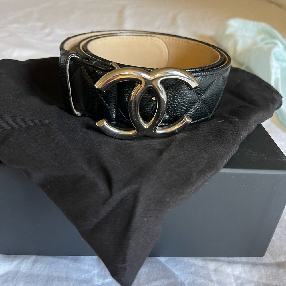 Authentic CHANEL leather with silver hardware belt